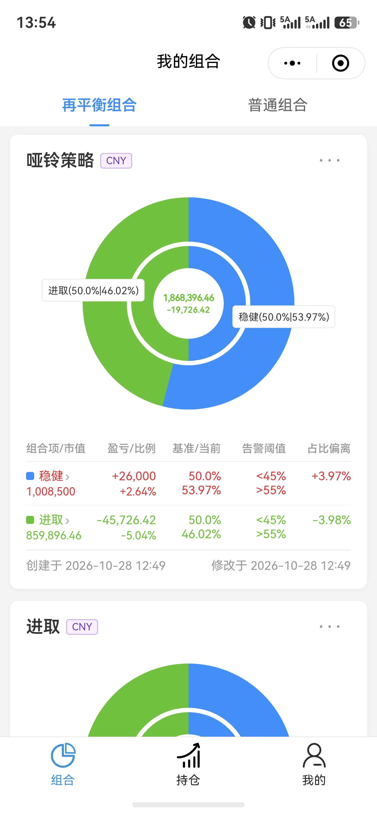 多宝格「我的组合」页面：再平衡组合的资产占比环形图与占比偏离提示